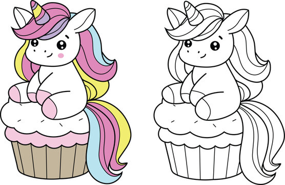 Colorful fantasy unicorn with a Cupcake soft and sweet colors &ndash; ideal for kid, color page, stickers and decorative Elements.vector illustration