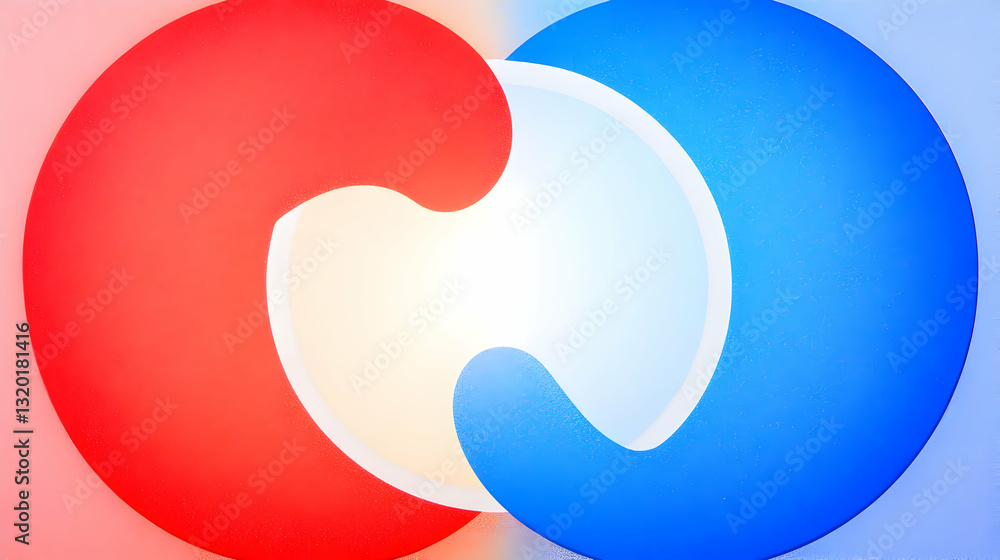 Poster abstract background featuring intertwined red and blue organic shapes with a white center, creating 
