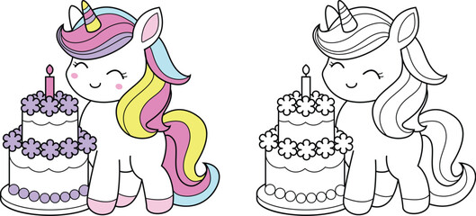 Colorful fantasy unicorn with cake soft and sweet colors – ideal for kid, color page, stickers and decorative Elements.vector illustration