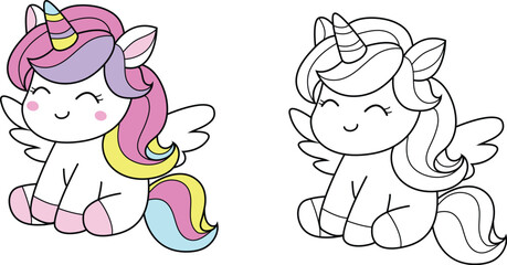 Colorful fantasy unicorn with balloon soft and sweet colors – ideal for kid, color page, stickers and decorative Elements.vector illustration