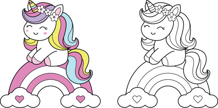 Naklejki Colorful fantasy unicorn with rainbow soft and sweet colors – ideal for kid, color page, stickers and decorative Elements.vector illustration