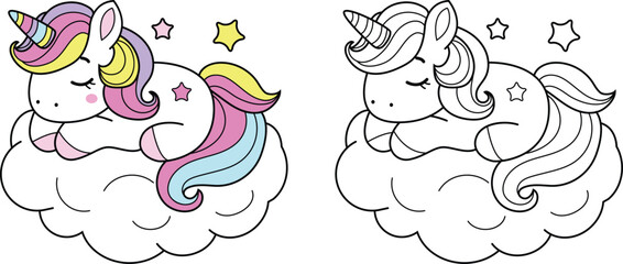 Colorful fantasy unicorn sleep with cloud balloon soft and sweet colors – ideal for kid, color page, stickers and decorative Elements.vector illustration