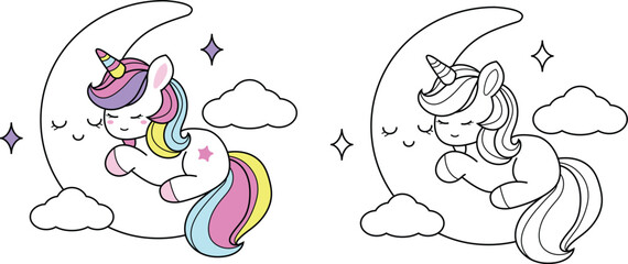 Colorful fantasy unicorn sleep  soft and sweet colors – ideal for kid, color page, stickers and decorative Elements.vector illustration