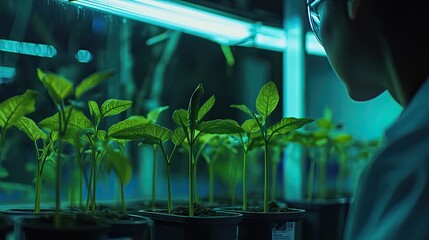 Scientist inspecting plant growth in controlled hydroponic environment
