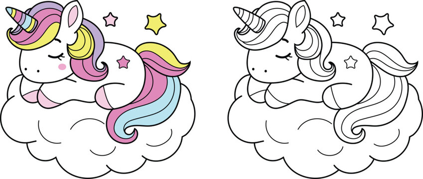 Colorful fantasy unicorn sleep with cloud balloon soft and sweet colors &ndash; ideal for kid, color page, stickers and decorative Elements.vector illustration