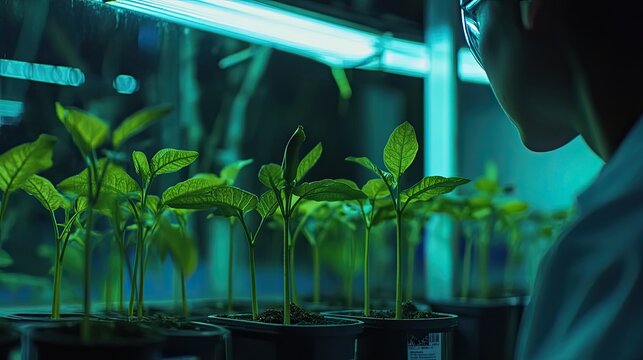 Scientist inspecting plant growth in controlled hydroponic environment