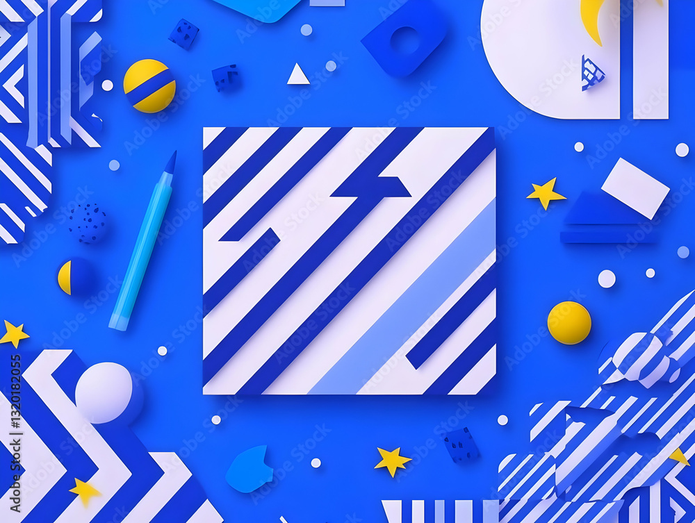 Poster abstract blue and white striped pattern background with geometric shapes and colorful elements