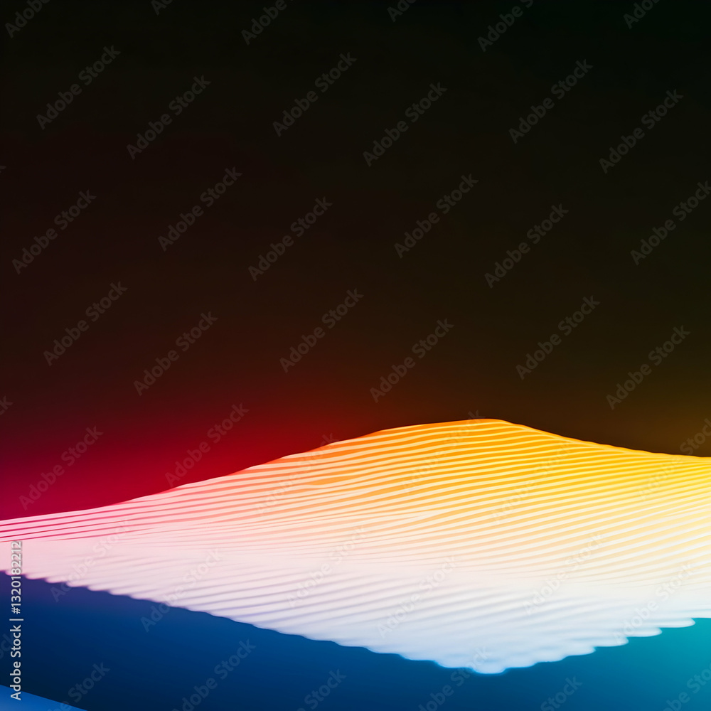 Poster abstract 3d rendering of a colorful striped wave forming a hill against a dark background, showcasin