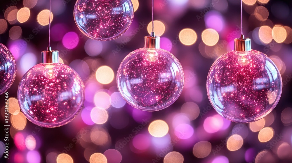 Poster sparkling ornaments hanging in front of a colorful bokeh background