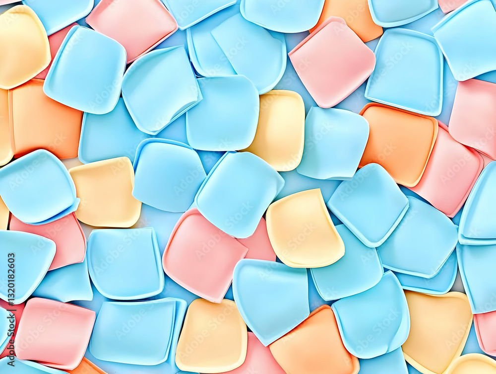Poster abstract 3d render of pastel-colored shapes overlapping, creating a colorful background texture.