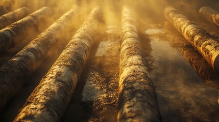 Foggy Landscape with Wooden Logs and Water Reflection During Golden Hour in Natural Environment
