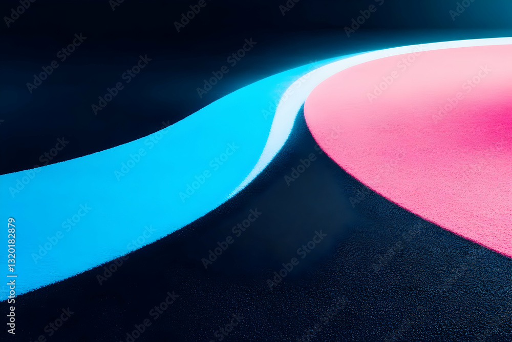 Poster abstract 3d render: pink and cyan waves flowing on dark background, vivid color gradient illustratio
