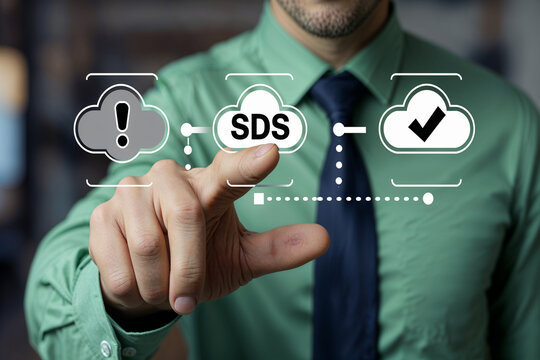 Business person working on virtual touch screen. Digital SDS Management System for Workplace Safety Compliance. 