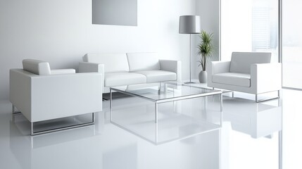 Minimalistic office lobby with modern furniture, soft lighting, calm atmosphere, white walls, professional studio light.

