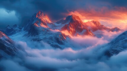 Majestic mountains illuminated with clouds reflecting the sunrise or sunset
