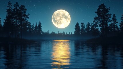 Fototapeta premium Full Moon Over Silhouetted Trees and Calm Lake