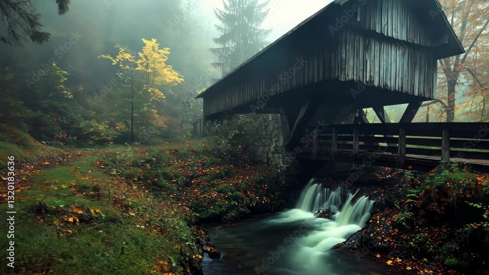 Poster covered bridge over a gentle stream surrounded by autumn foliage in a misty forest setting