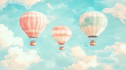 Fototapeta premium Airborne Dreamscape: Three colorful hot air balloons soar through a serene, pastel-hued sky, evoking a sense of whimsical adventure and boundless possibilities.