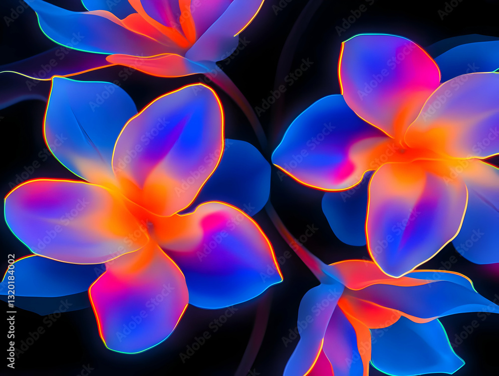 Poster vibrant neon flowers bloom in abstract 3d render, illuminated with glowing hues and bold colors, cre