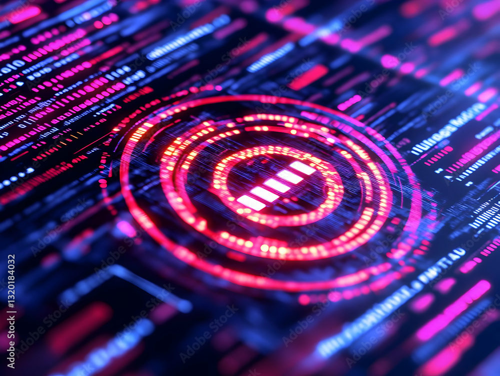 Poster abstract 3d digital hud interface with glowing neon circles and data streams, futuristic technology 