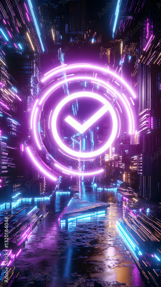 Poster 3d render of futuristic cityscape with neon lights and check mark symbol, abstract background design