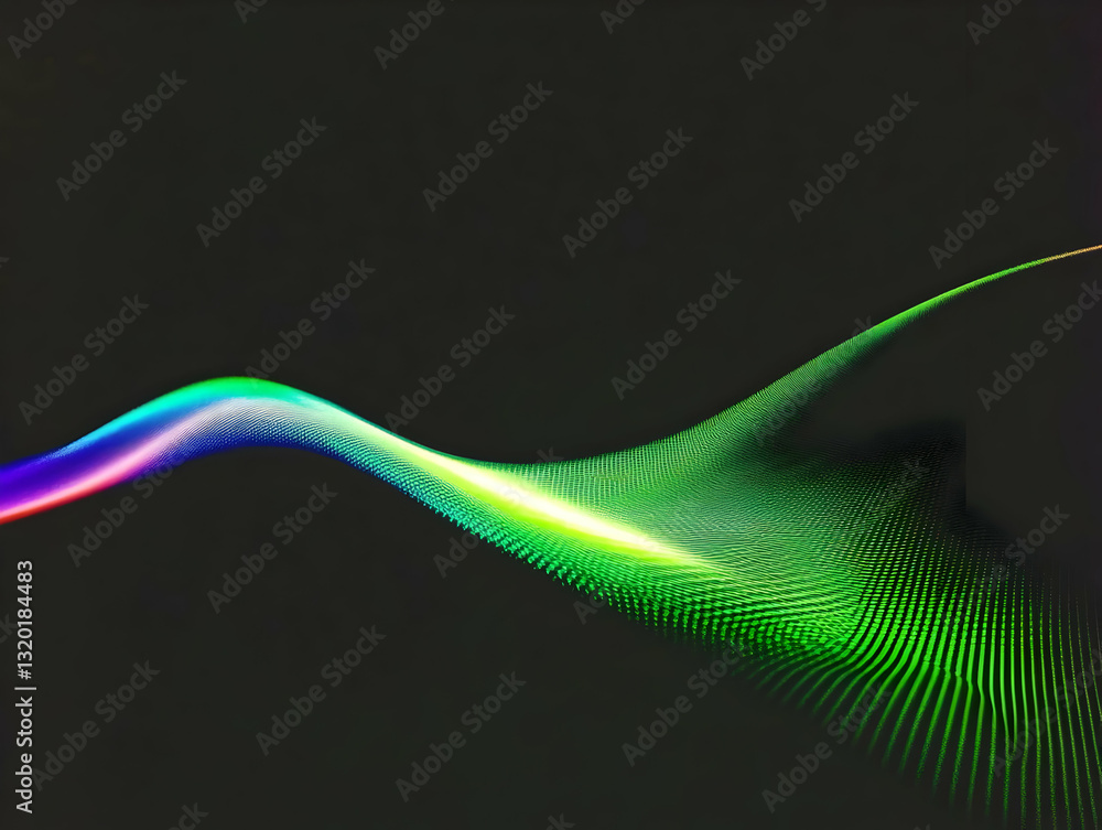 Poster abstract green wave background: digital particle flow illustration, dynamic light trails design, mod
