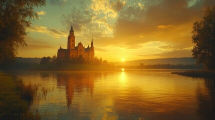 Naklejka premium A Majestic Castle Reflects on Tranquil Waters During Sunset Hours