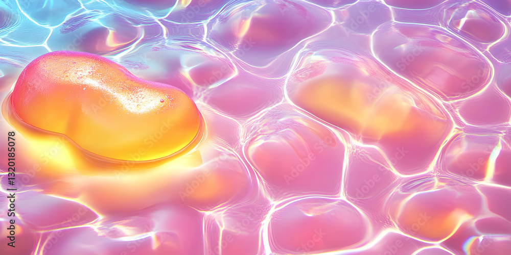 Poster abstract 3d render of a glowing, peach-colored orb floating on an iridescent pink water surface, cre