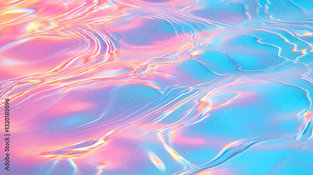 Poster abstract 3d render of iridescent liquid surface with pink and blue hues, shimmering and flowing, cre