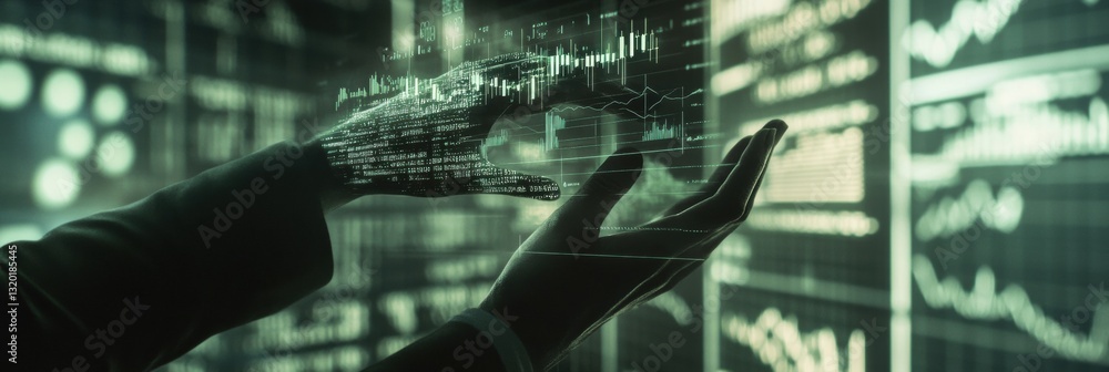 Poster digital transformation in finance highlighted by human hands interacting with financial data and ai 