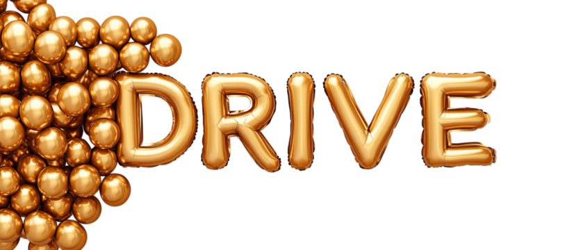 Png of Golden balloon text 'DRIVE' surrounded by metallic spheres, conveying a vibrant and energetic mood on transparent background. - Powered by Adobe