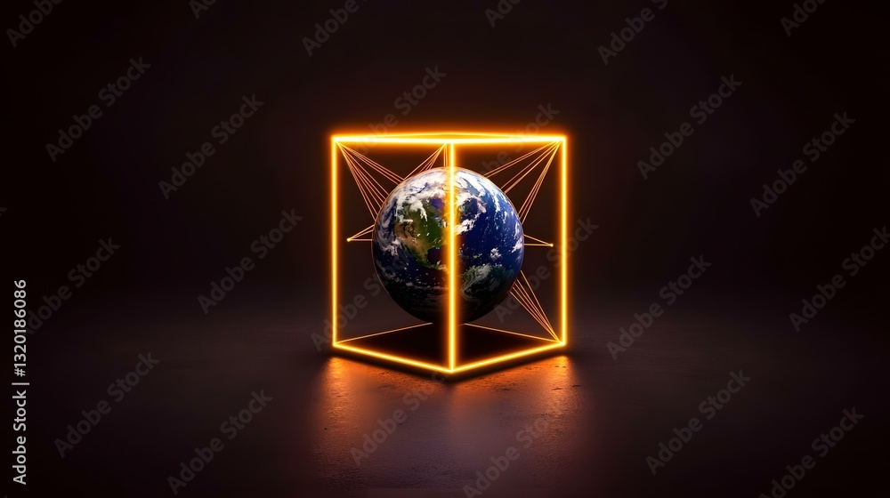 Aufkleber a digitally rendered image showing a model of planet earth enclosed within a glowing orange cube.a g