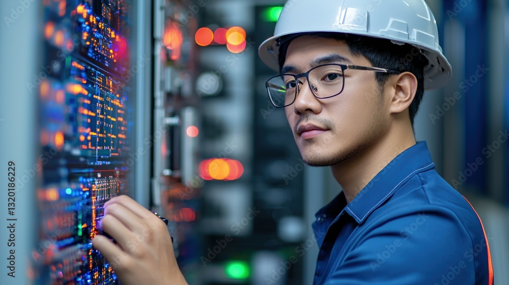 Aufkleber emergency response logistics concepts. technician working on a network server with equipment and too