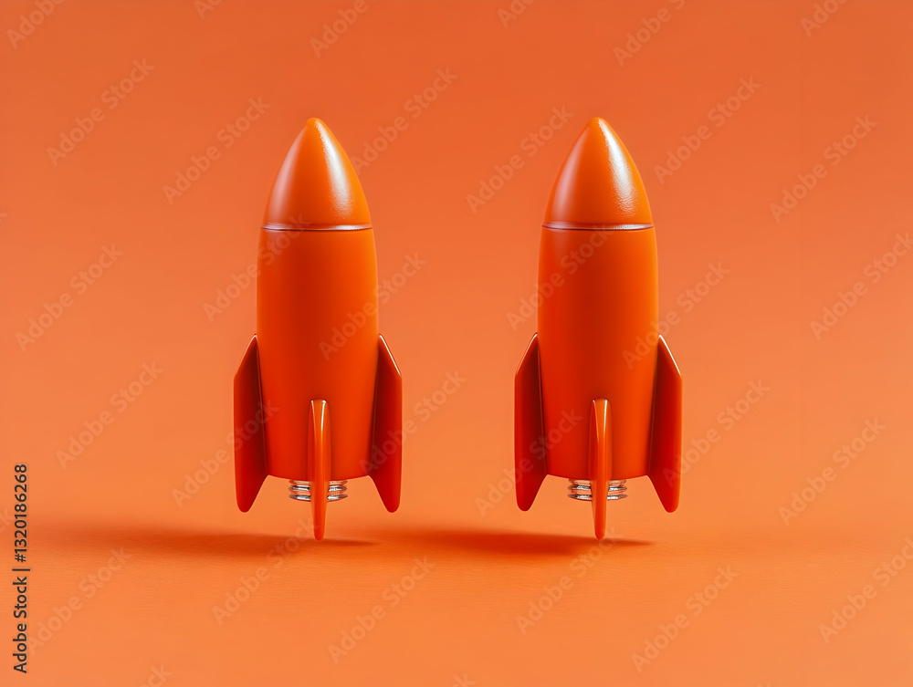 Poster two orange 3d rocket models hovering on an orange background, ready for launch, symbolizing innovati