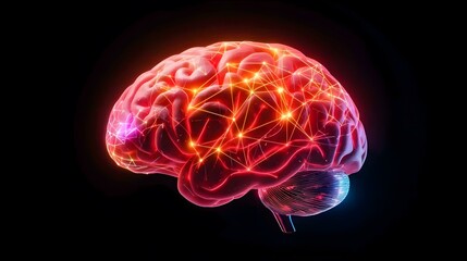 Fototapeta premium The image shows a three-dimensional rendering of a human brain, highlighted with glowing lines connecting various nodes, suggesting neural pathways and activity. The brain is depicted in shades of r