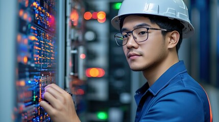 Emergency Response Logistics Concepts. Technician working on a network server with equipment and tools.