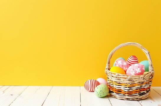 Festive Easter composition with colorful striped eggs in a woven basket on a bright yellow background. With plenty of copy space, perfect for Easter design.