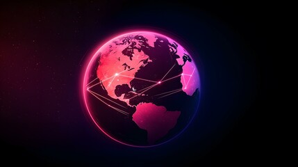 Fototapeta premium The image shows a stylized rendering of planet Earth, glowing in shades of pink and purple against a dark background. Connecting lines illustrate a global network.