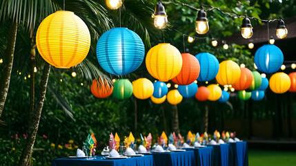 Fototapeta premium Colorful Paper Lanterns Illuminate Outdoor Festive Table Setting at Night
