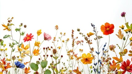 Background of colorful wildflowers with fall leaves on a white background © Lilly