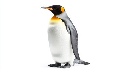 Fototapeta premium A lifelike 3D render of a king penguin poised elegantly, facing left with its head softly tilted right, exuding charm and detail in every feather