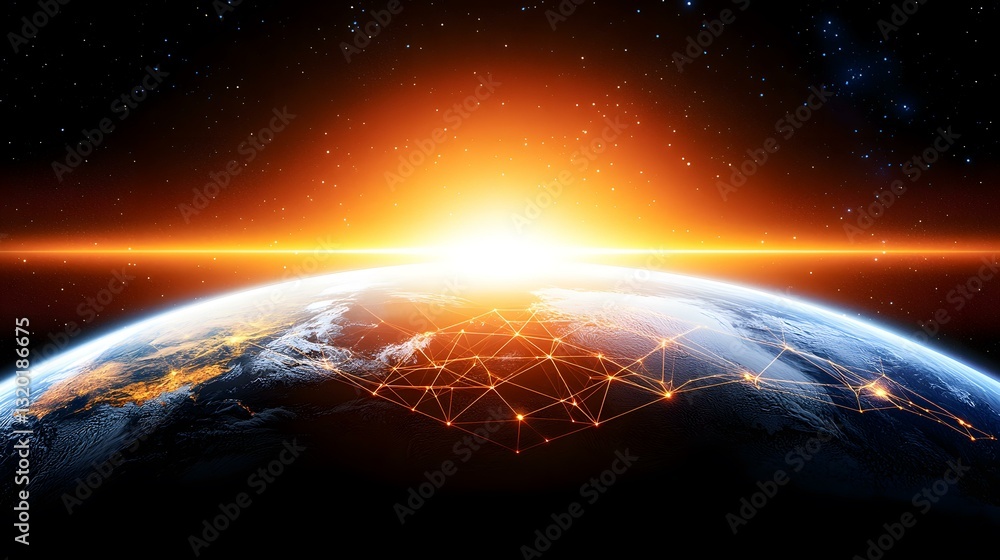 Poster the image shows a sunrise over earth, with a network of glowing lines connecting points across the g