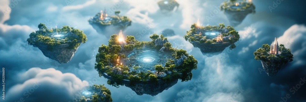 Poster floating islands connected by portals transport users to diverse virtual worlds in an expansive meta
