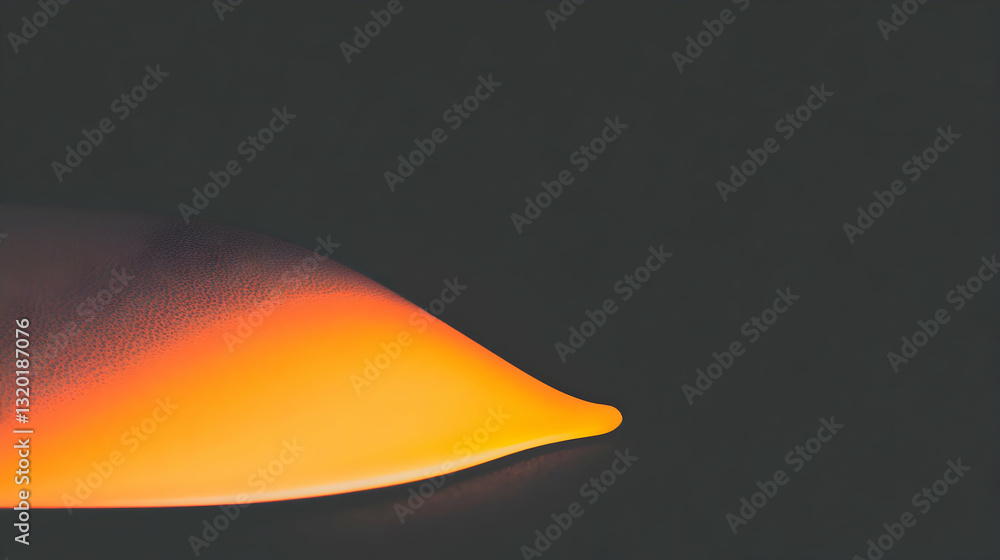 Poster abstract glowing orange form on dark background, illuminated teardrop shape with textured surface, m