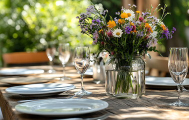 Rustic wildflowers, their colors bright, cheerily brighten this table setting, inviting joyful celebration and warm gatherings around