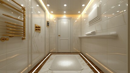 Obraz premium Luxurious minimalist bathroom with gold accents, recessed lighting, and marble walls