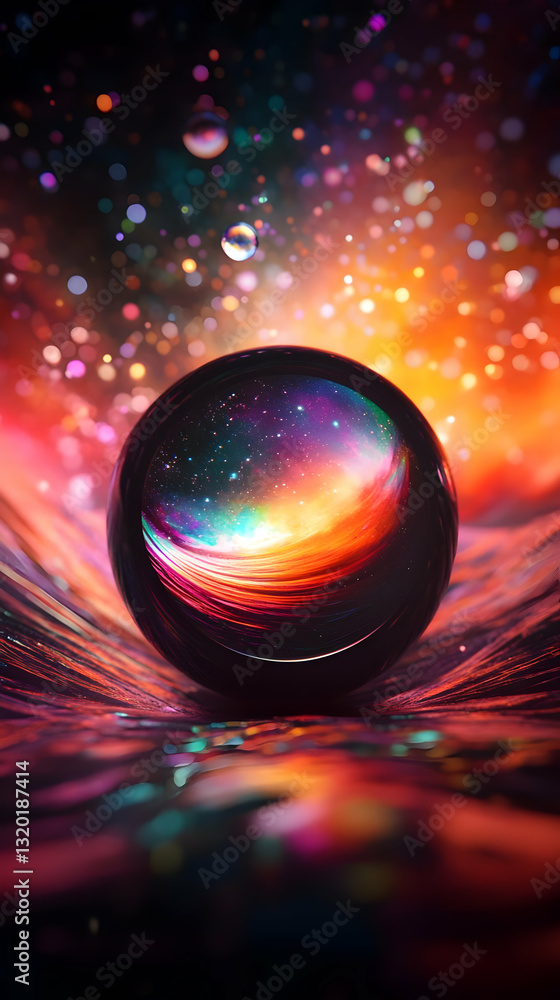Poster abstract 3d render of a glass sphere reflecting a colorful nebula, resting on a vibrant, textured su