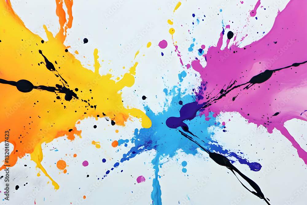 Poster abstract colorful paint splashes explode on white canvas, dynamic action painting with vibrant hues