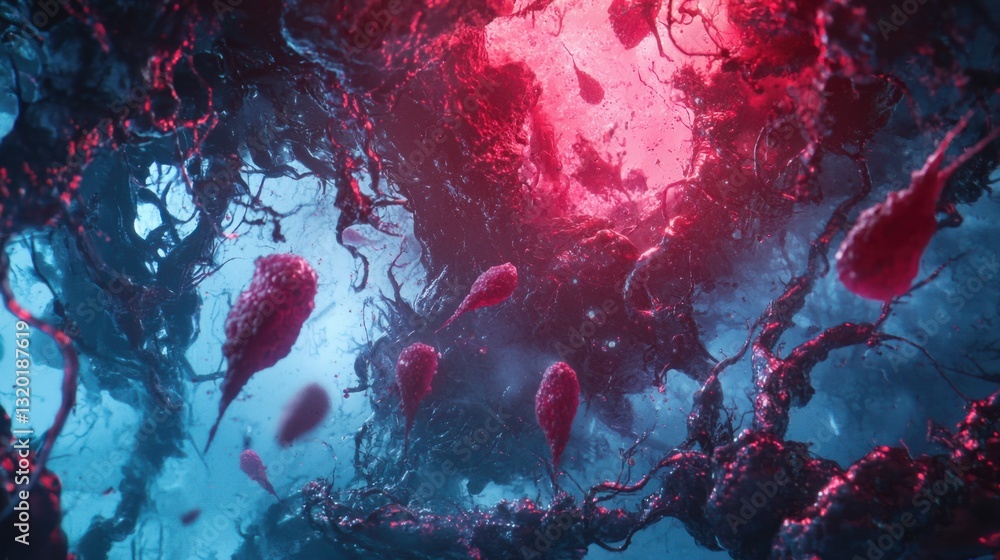 Poster abstract depiction of fluid dynamics with vibrant colors and textures