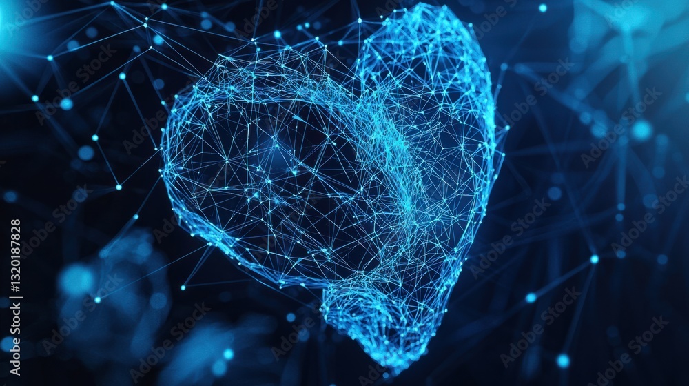 Poster abstract digital heart shape created with blue geometric lines and nodes